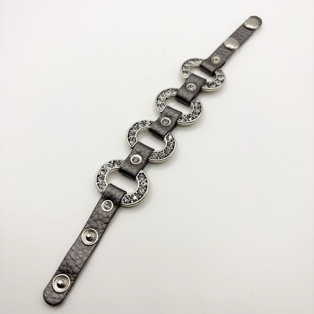 Premier Designs Starlet Silver Tone Crystal and Leather Snap Bracelet City Biker